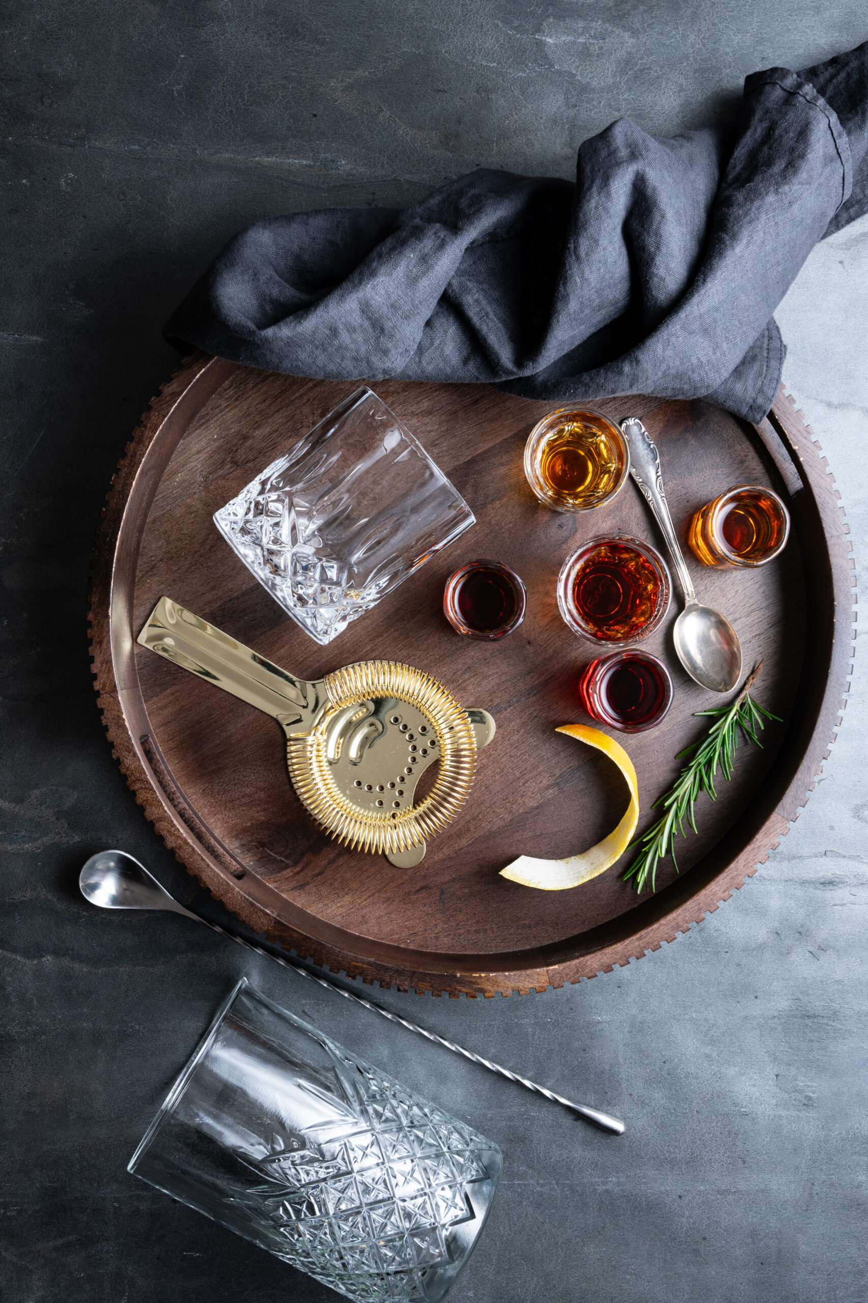 Cheshire Cat Cocktail ingredients on a tray shot from above