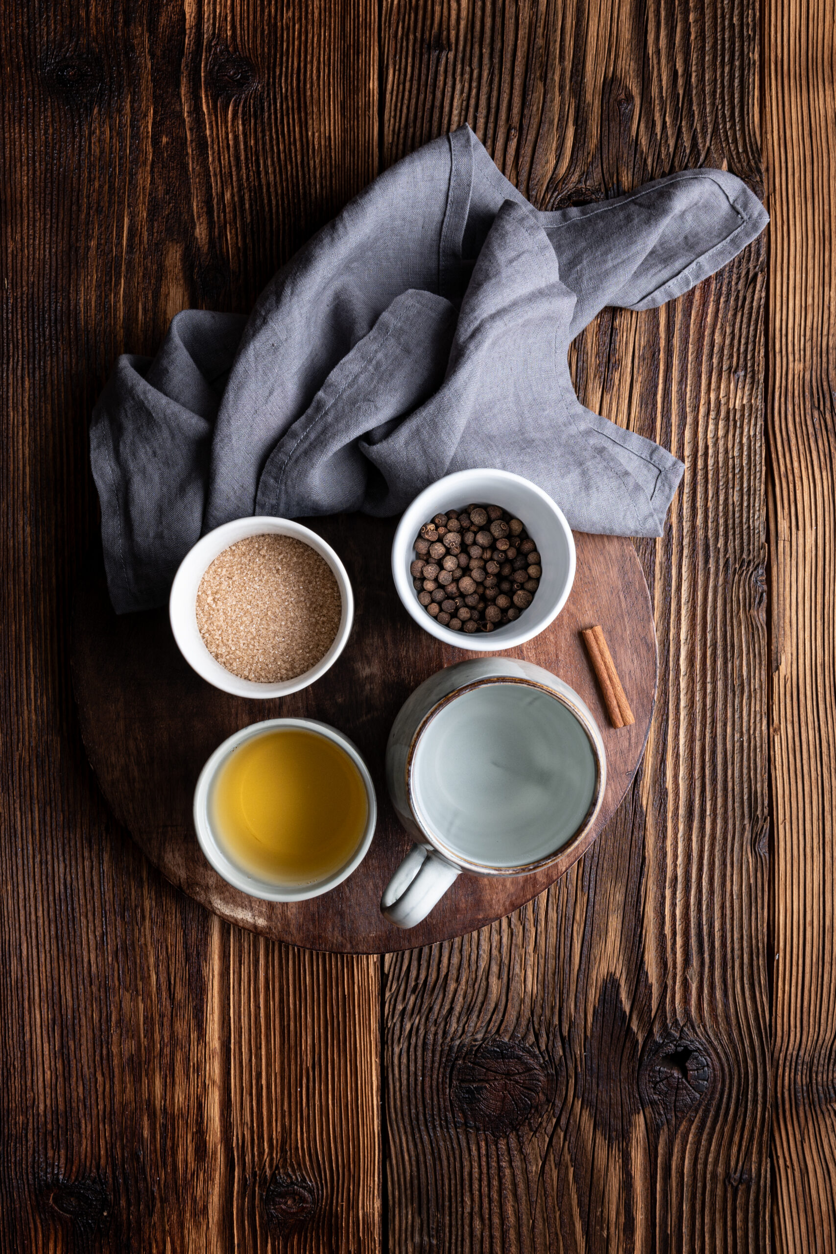 Allspice Dram ingredients on a tray shot from above